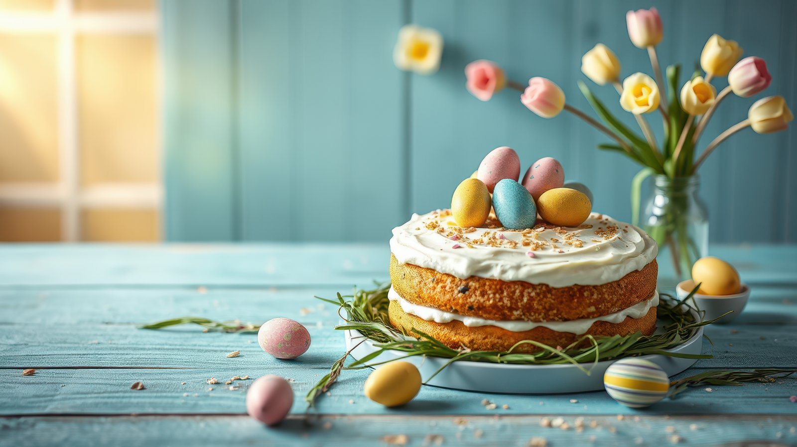 Delightful spring cake adorned with vibrant eggs and flowers on a rustic blue table